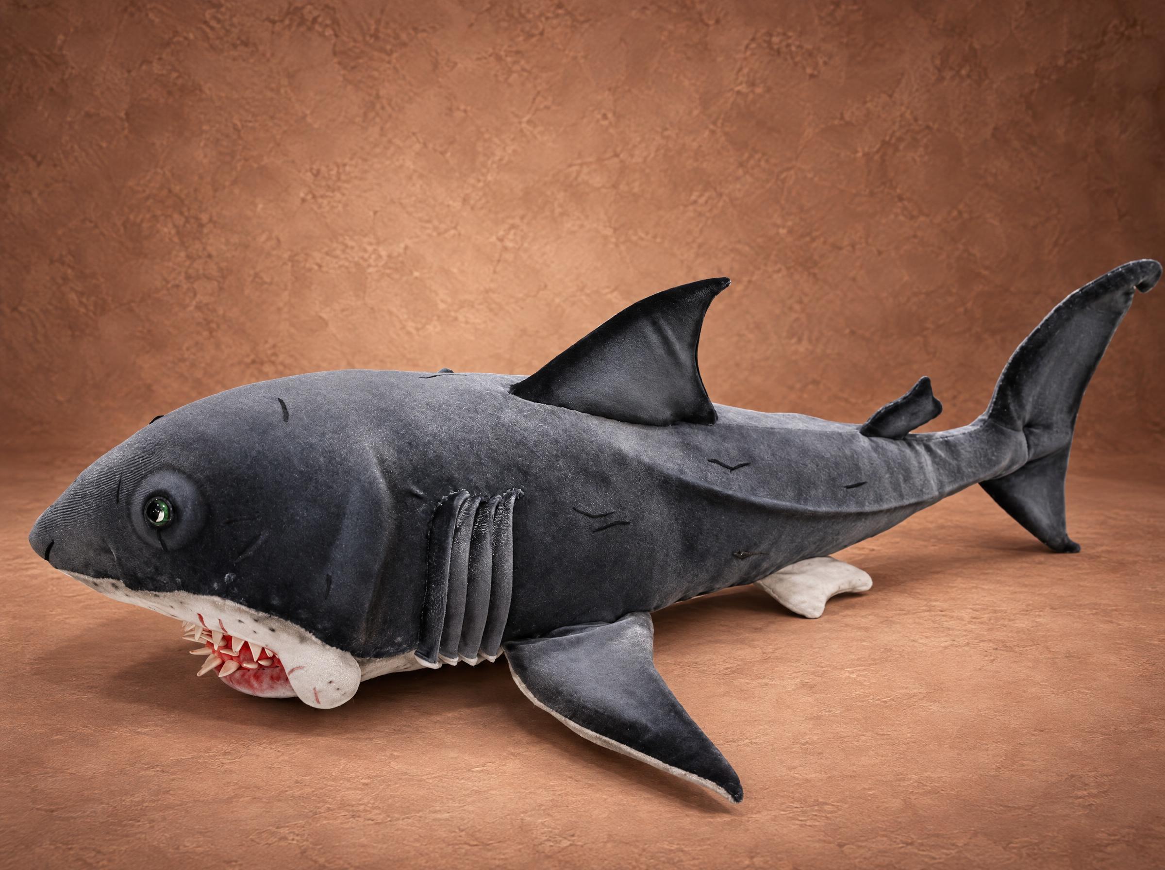 Jaws 2 shark plush, a grey great white with bloody teeth, glass eyes and gill slits, sewn to order