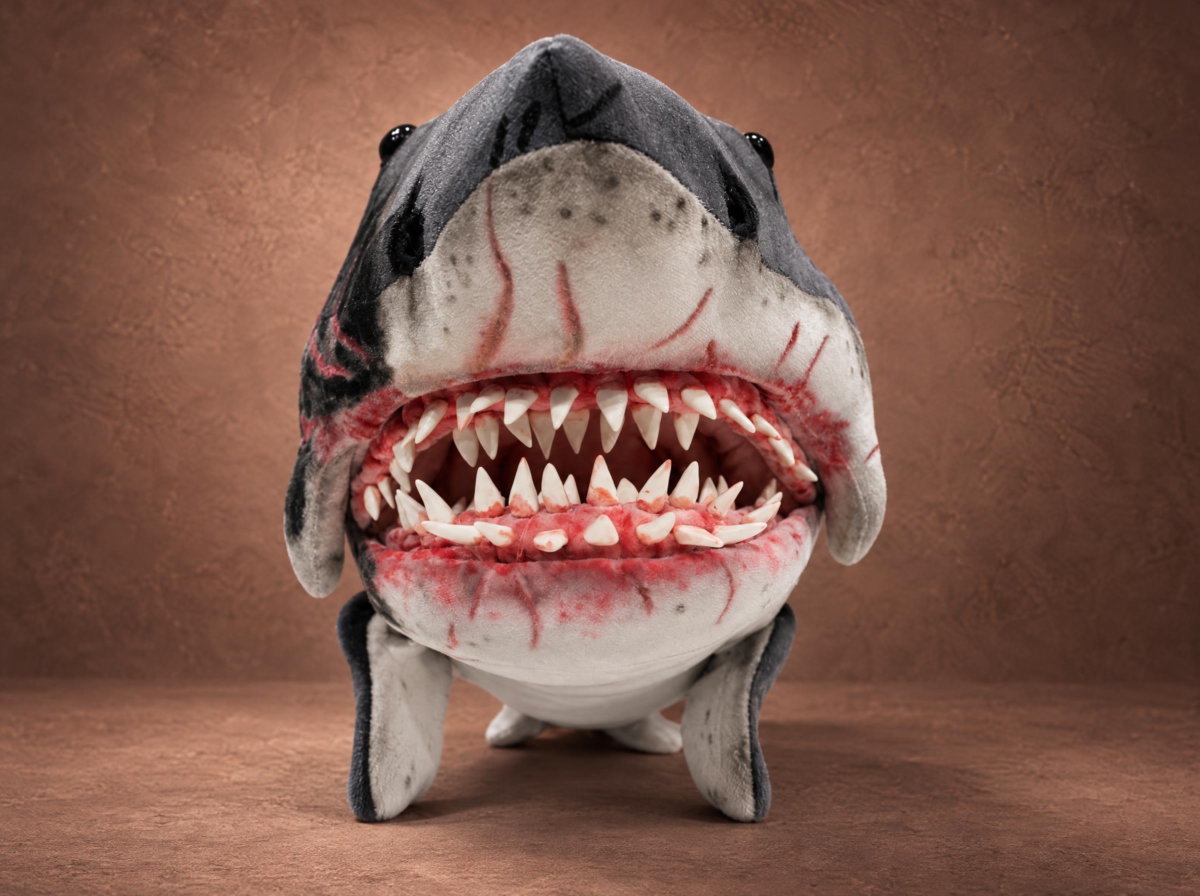 Jaws-inspired shark plush, jaw open Jaws-inspired shark plush with its jaw open, rows of blood-stained handmade teeth, a horror soft toy made to order