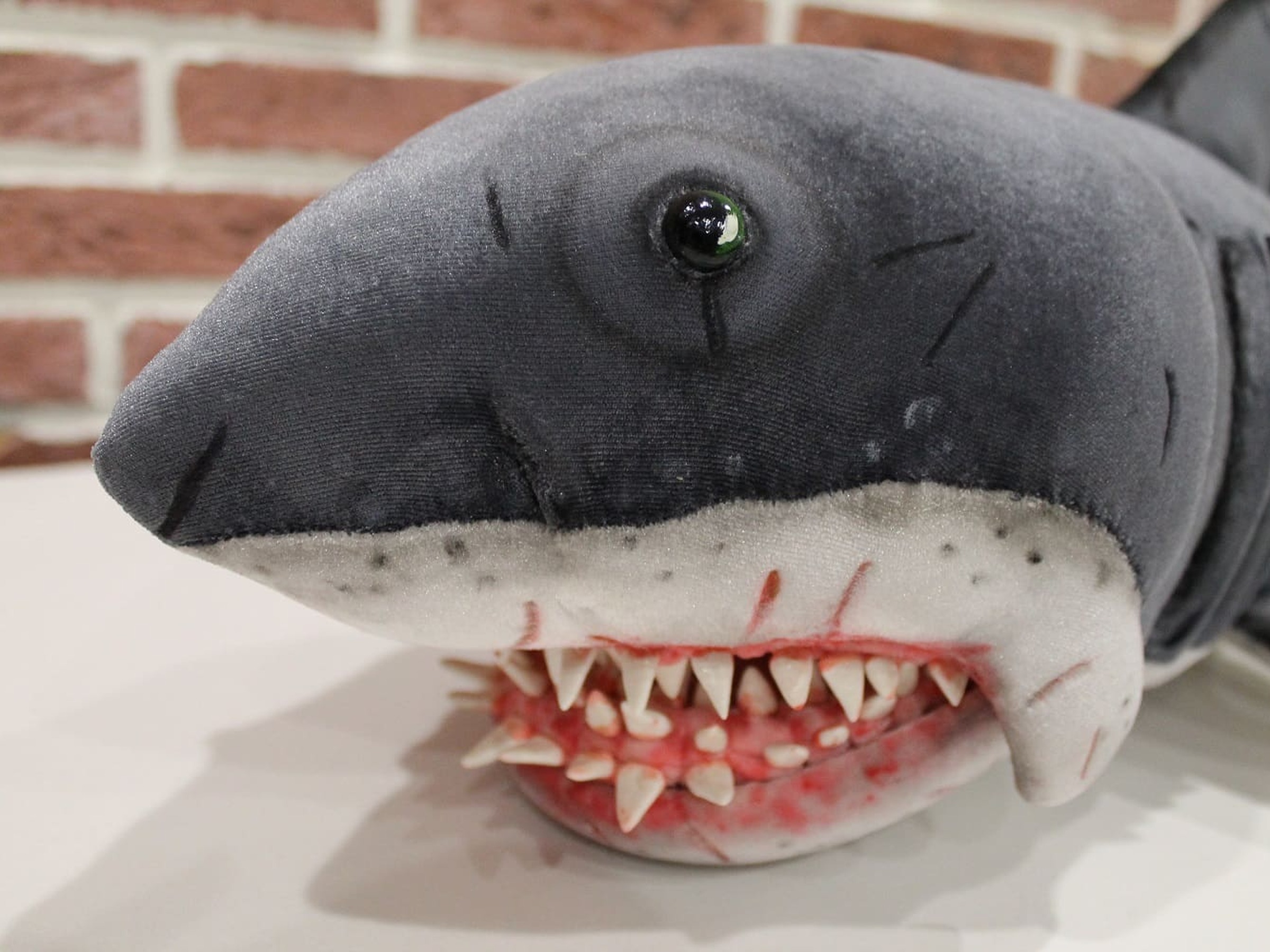 Jaws shark plush, glass eye and snout Jaws shark plush snout with a glass eye and bloody teeth, a handmade movie shark toy made to order