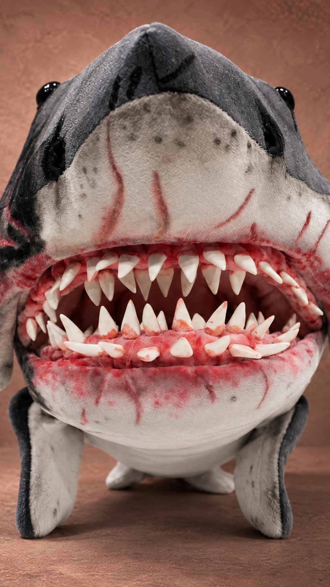 Jaws shark plush with its mouth open, rows of handmade blood-stained teeth, a custom movie monster made to order