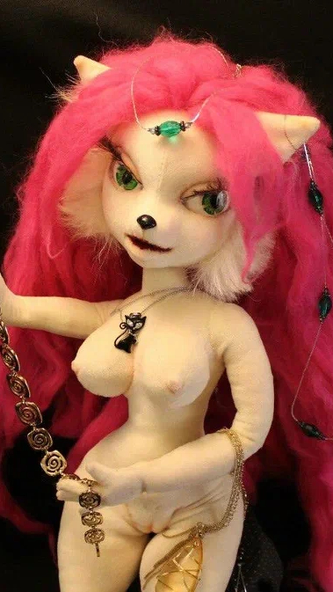 Jenny art doll from Bucky O'Hare holding a gold chain, with a green jewel on her forehead, handmade to order