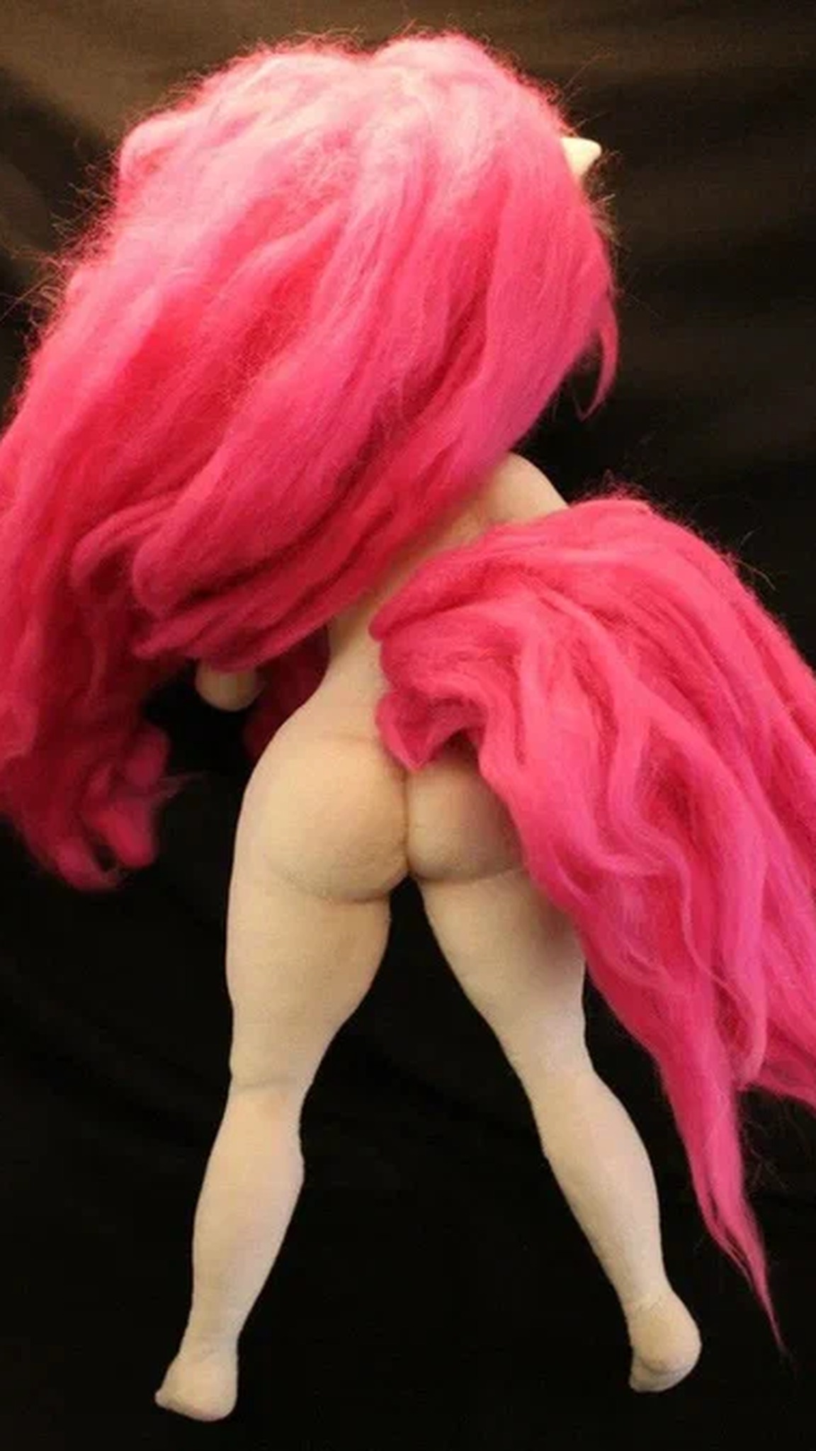 Jenny doll from Bucky O'Hare with long pink wool hair down her sculpted back, a custom handmade art doll