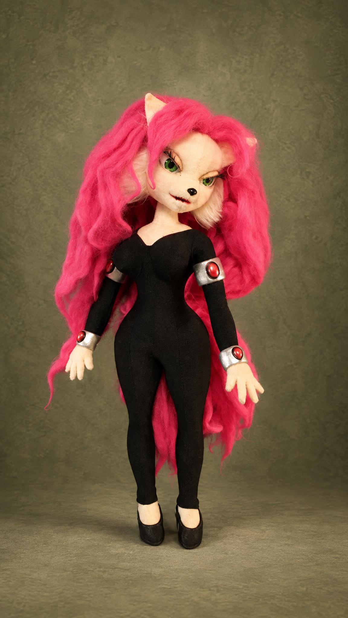 Handmade Jenny doll from Bucky O'Hare in a black catsuit with silver cuffs, a custom collector doll made to order