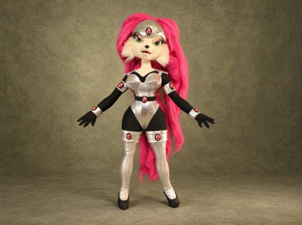 Custom Jenny doll from Bucky O'Hare, handmade to order with long pink hair and silver armor with red gems