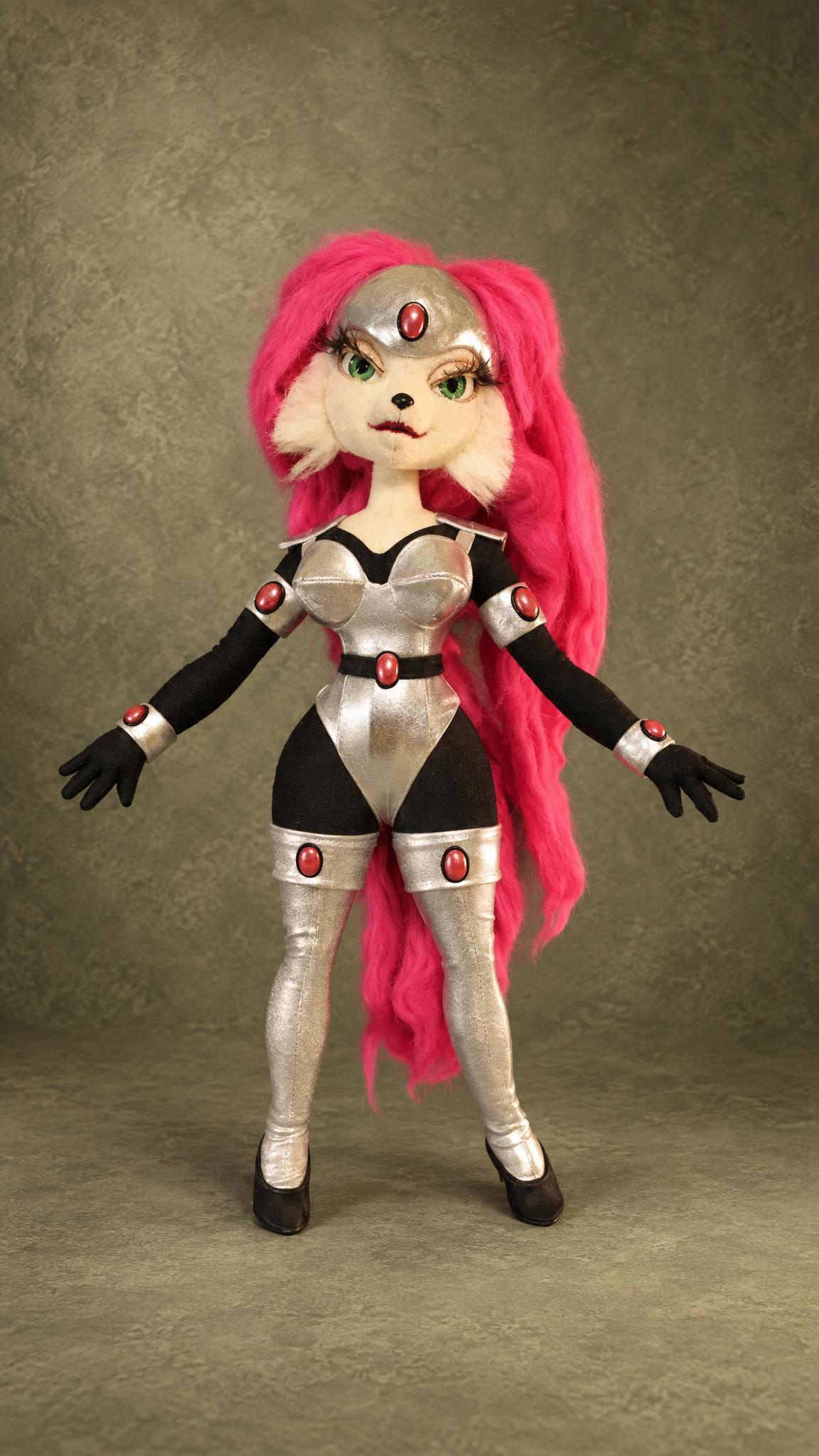 Custom Jenny doll from Bucky O'Hare, handmade to order with long pink hair and silver armor with red gems