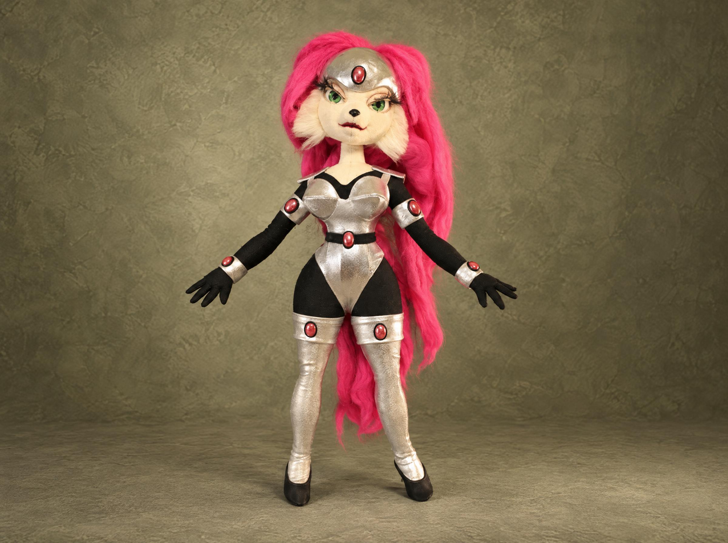 Custom Jenny doll from Bucky O'Hare, handmade to order with long pink hair and silver armor with red gems