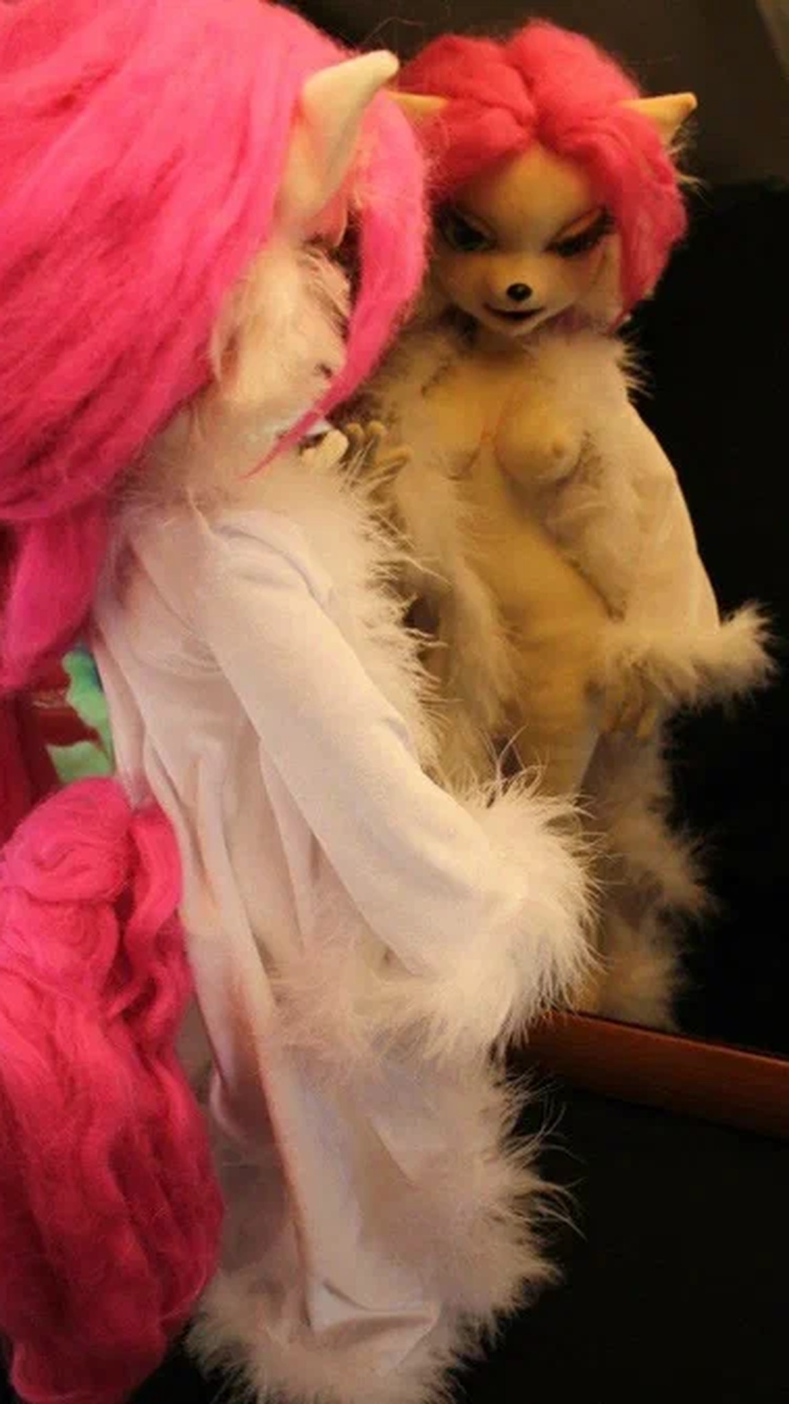 Handmade Jenny doll in a white fur-trimmed robe beside a mirror, a custom Bucky O'Hare collector doll