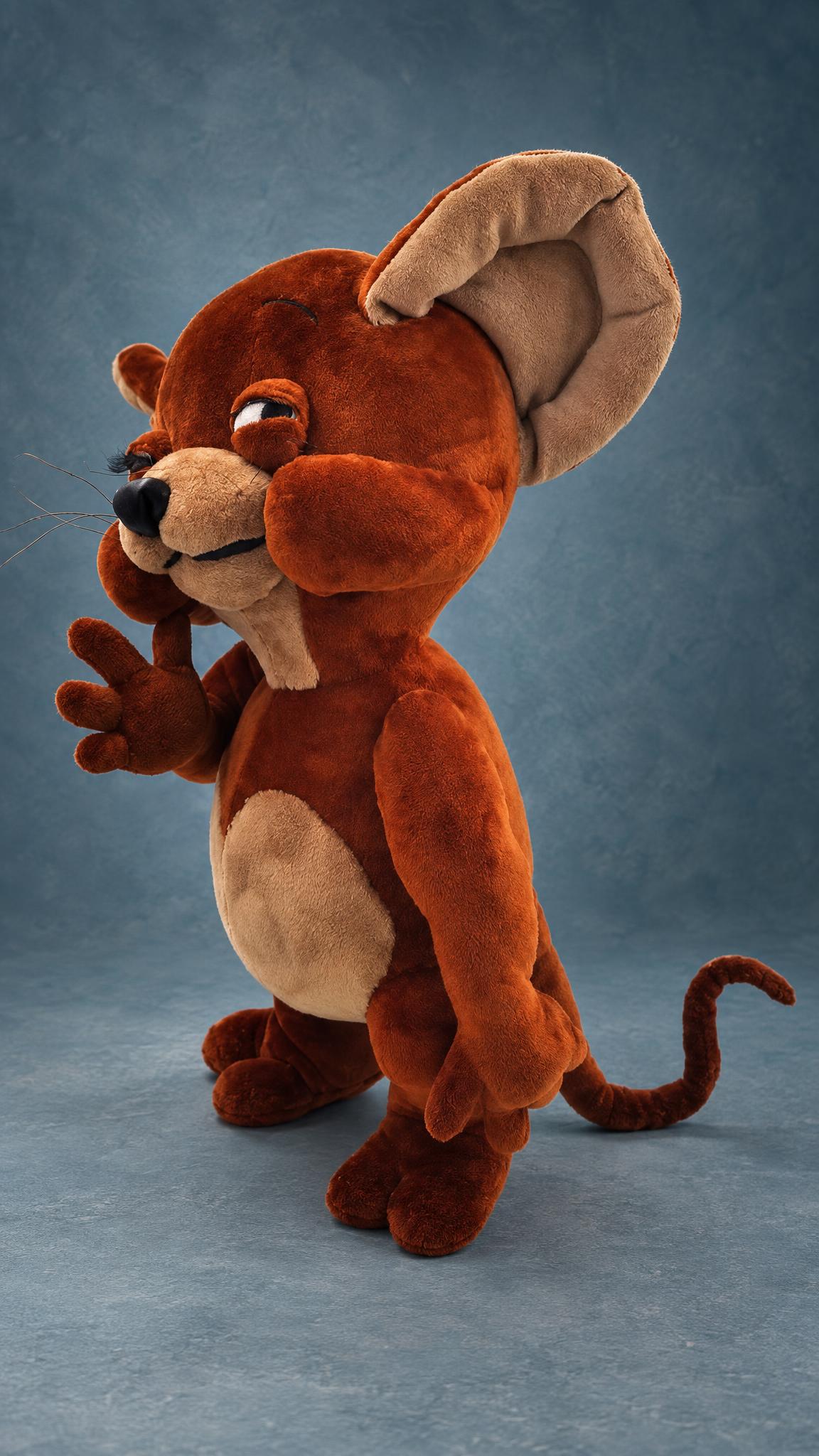 Jerry stuffed toy sewn to order: sleepy lashed eyes, thin whiskers, hand-sewn fingers and a long curling tail