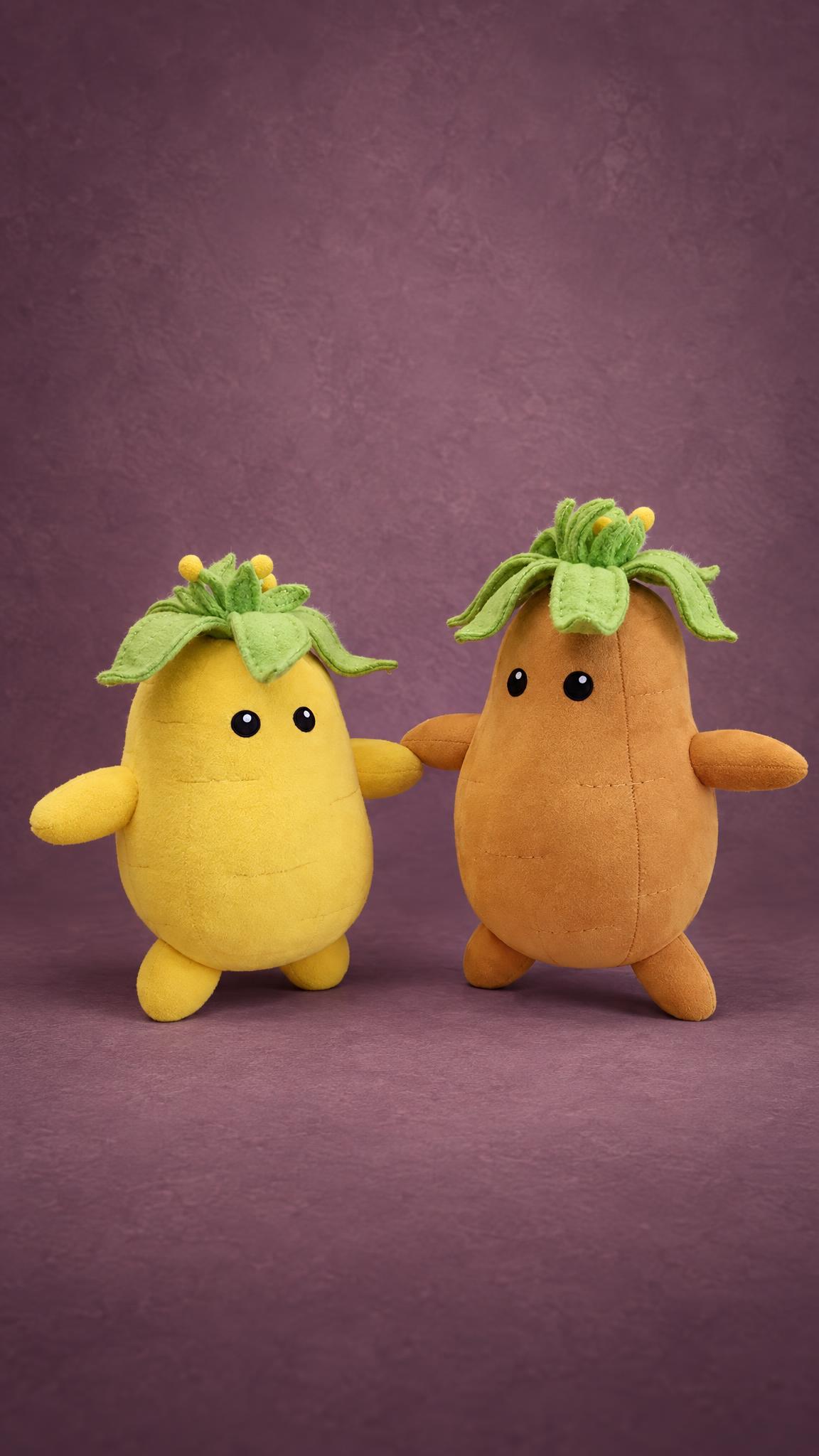 Custom artichoke plush pair in yellow and tan fleece, handmade to order from an illustration