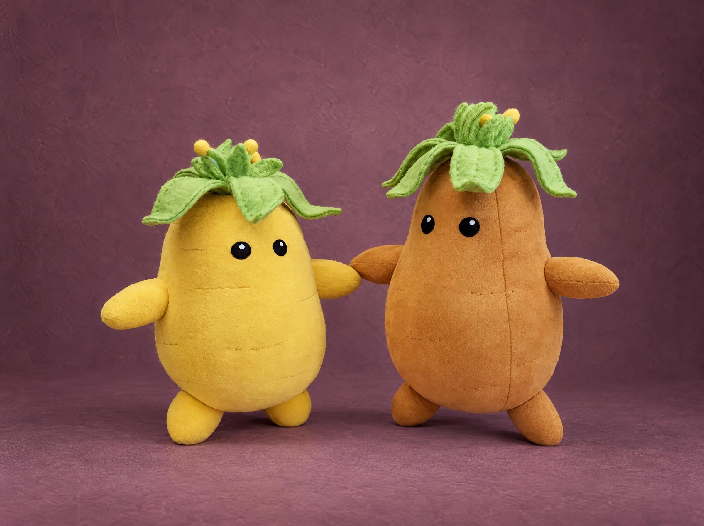 Two Jerusalem artichoke plush toys, yellow and orange fleece with green leaf tops, sewn to order from an illustration
