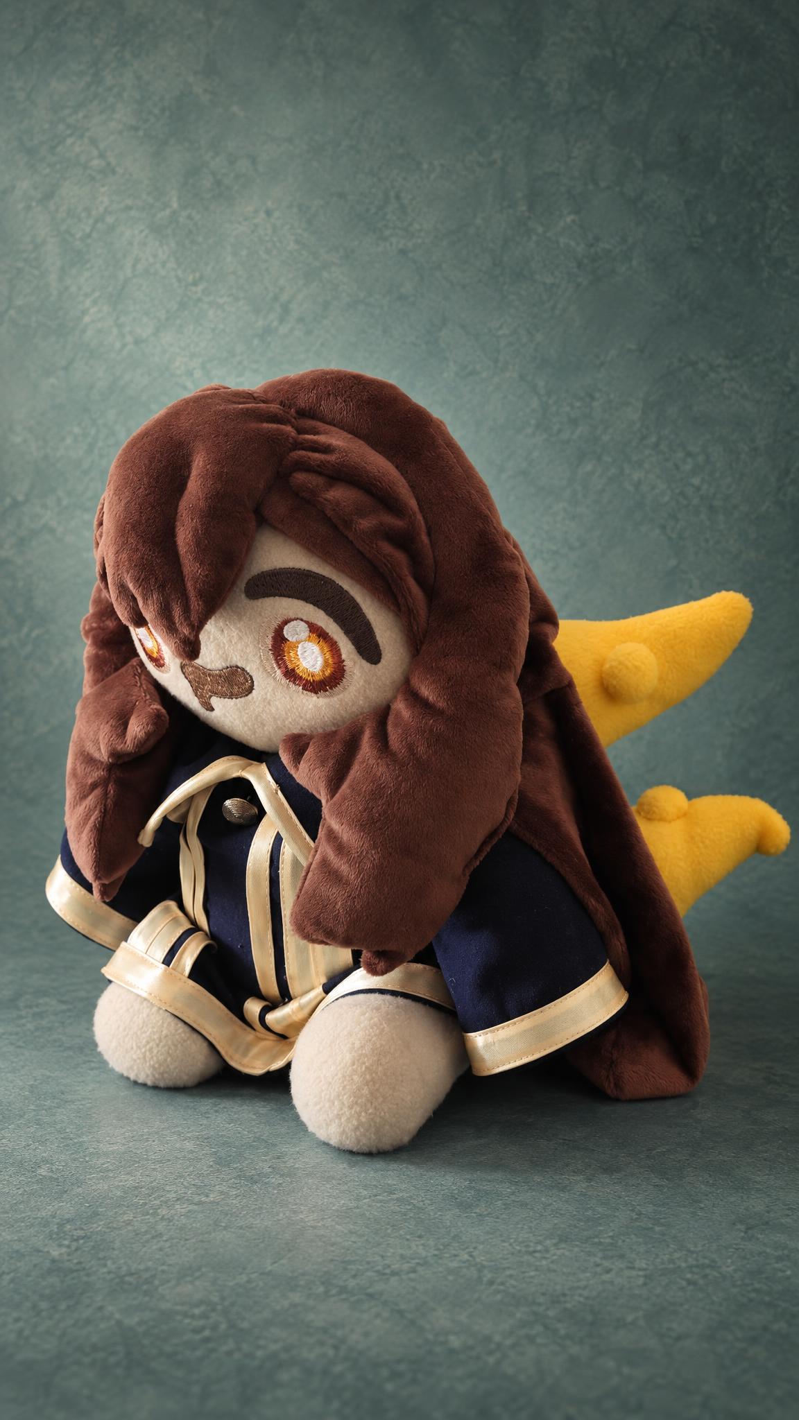 Chibi OC plush doll Kara Gremykha, custom made: embroidered amber eye under long brown fleece hair