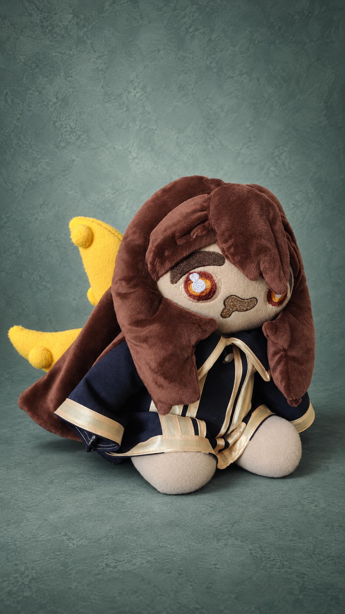 Handmade Kara Gremykha OC plush with yellow tentacles and a navy robe, sewn to order from her drawing