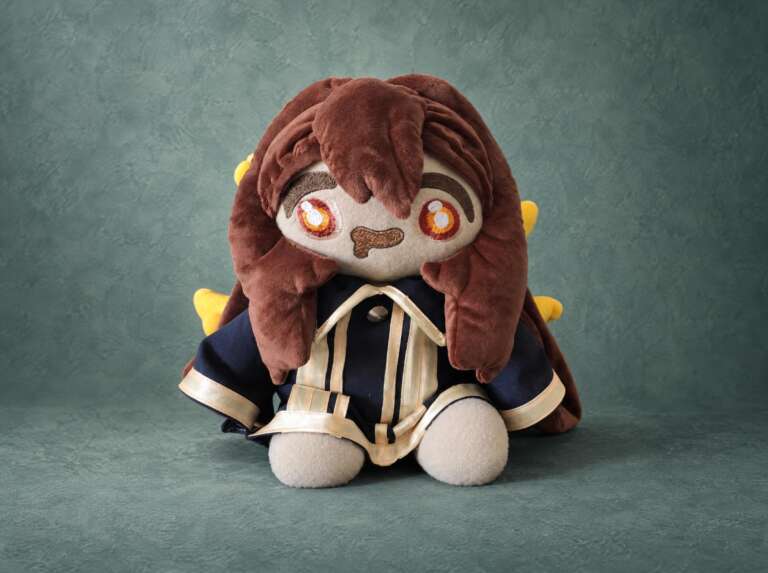 Kara Gremykha custom OC plush doll, handmade to order: long brown hair, amber embroidered eyes, navy robe