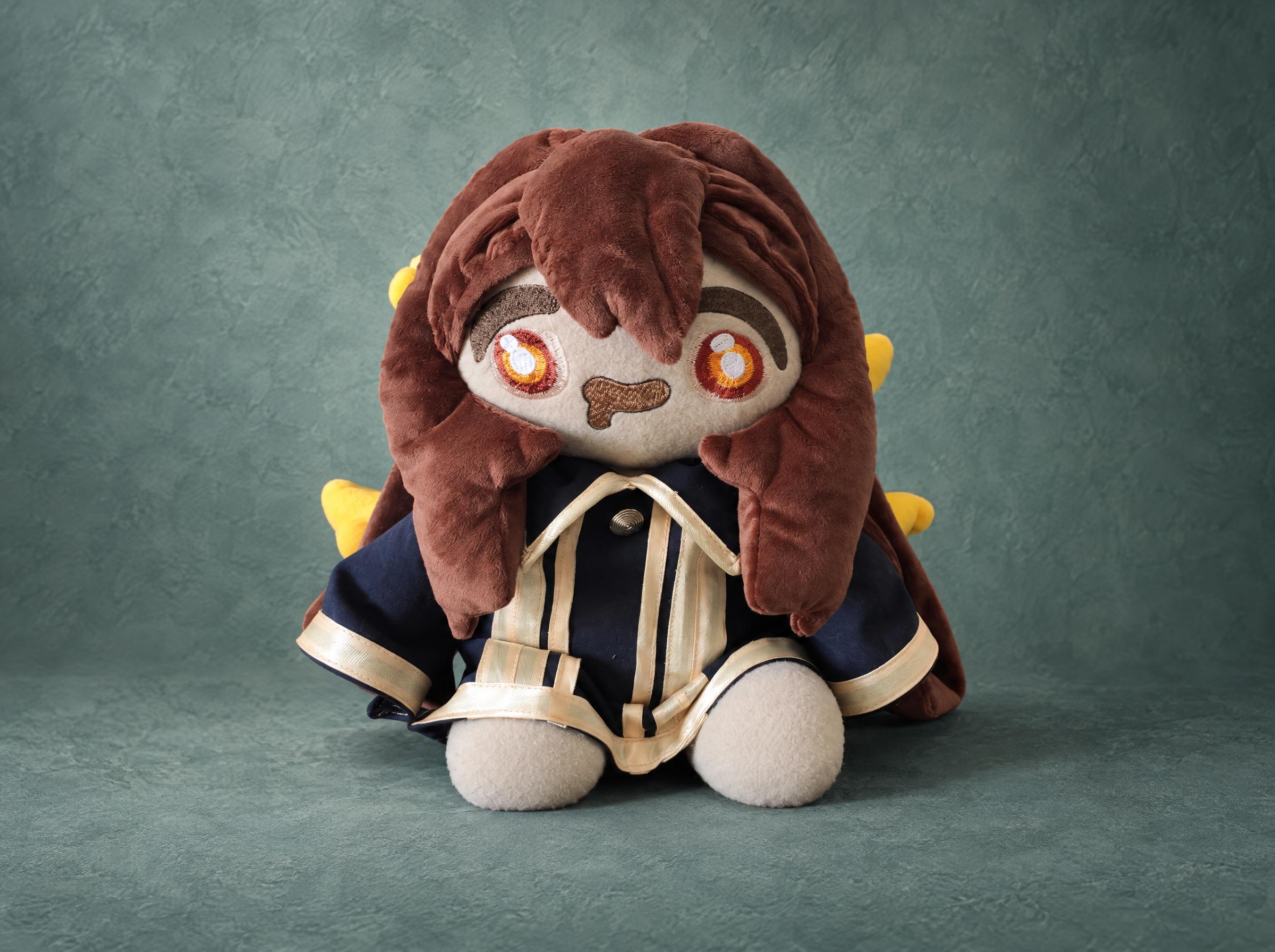 Kara Gremykha custom OC plush doll, handmade to order: long brown hair, amber embroidered eyes, navy robe