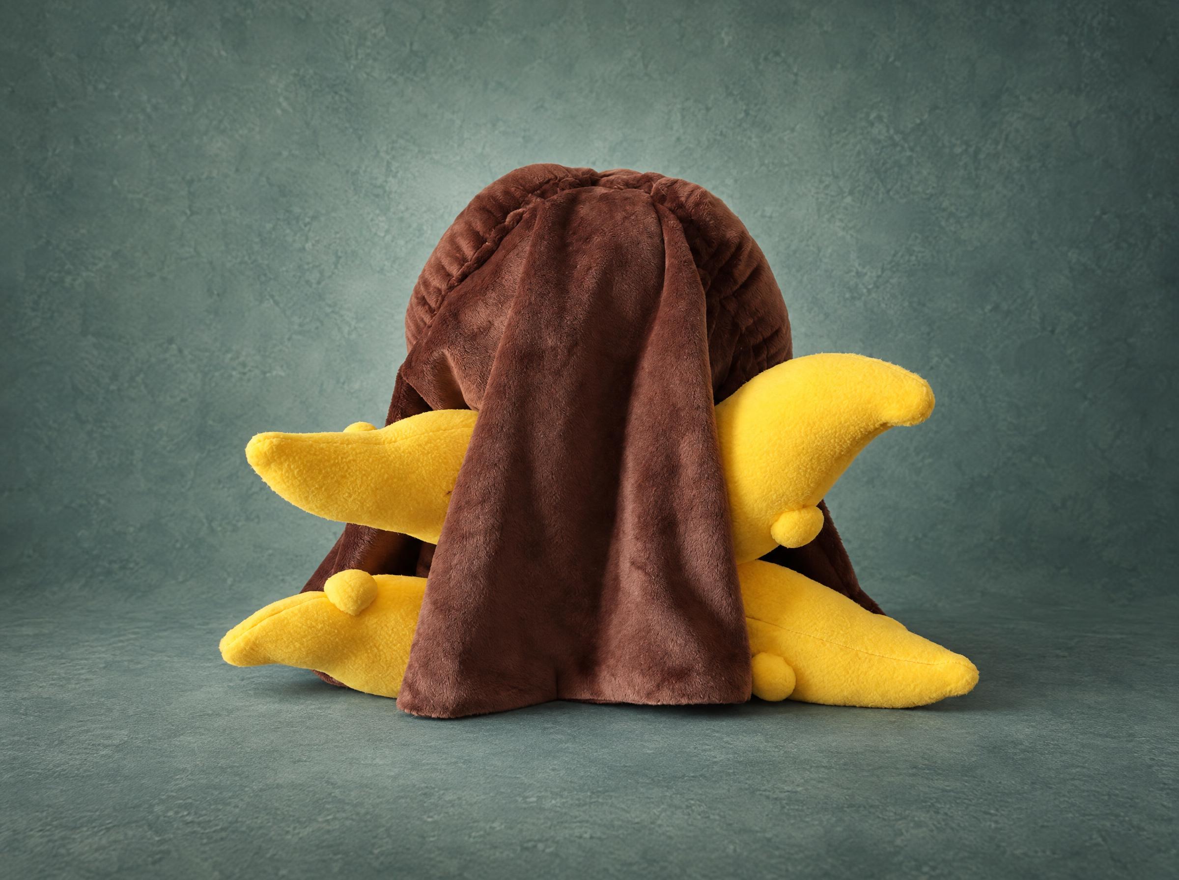 Kara Gremykha OC plush, long hair and tentacles Kara Gremykha OC plush from behind: long brown hair down her back over yellow tentacles, made to order