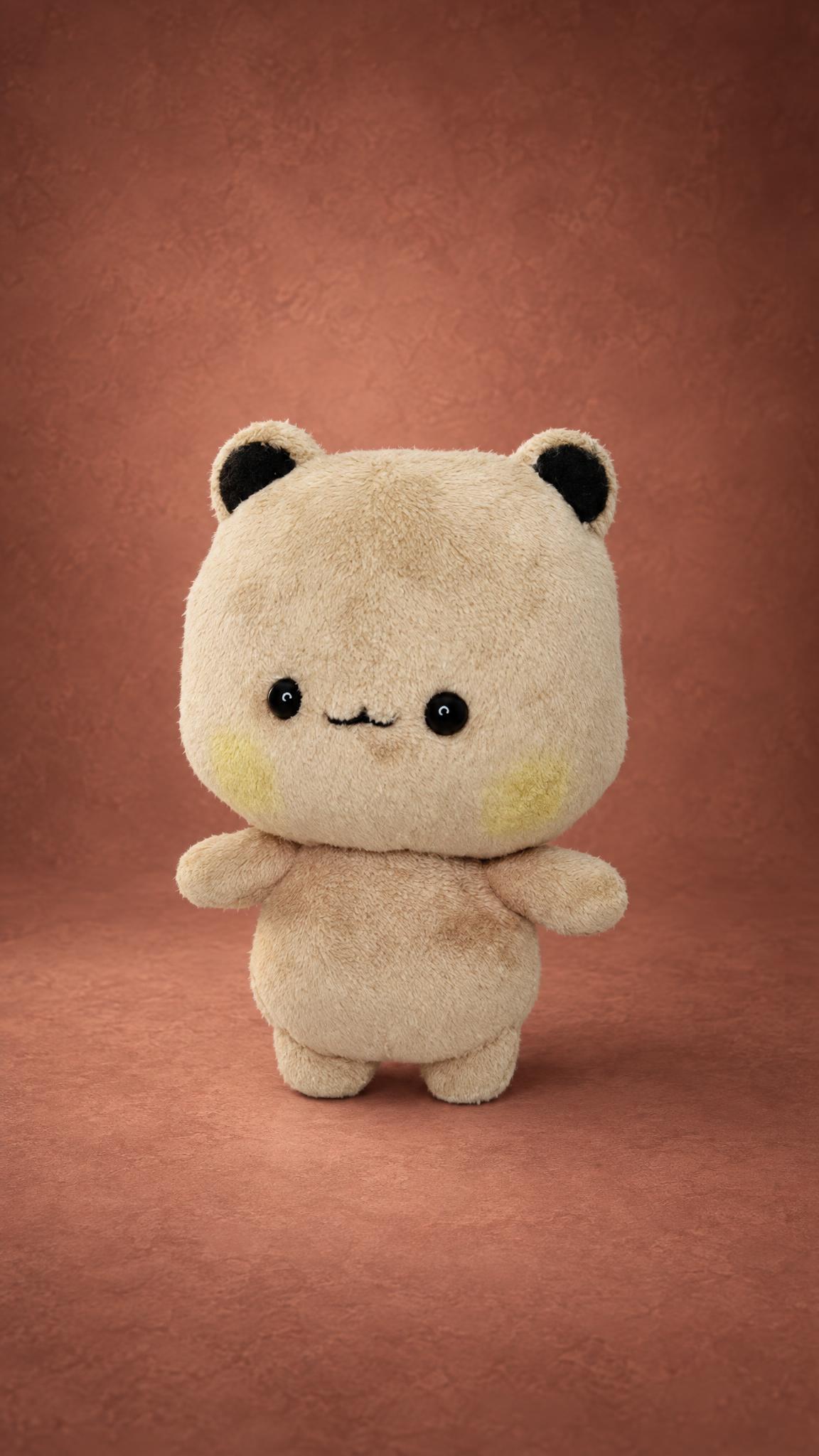 Custom kawaii bear plush in beige with black ears and yellow cheeks, handmade to order from a sticker