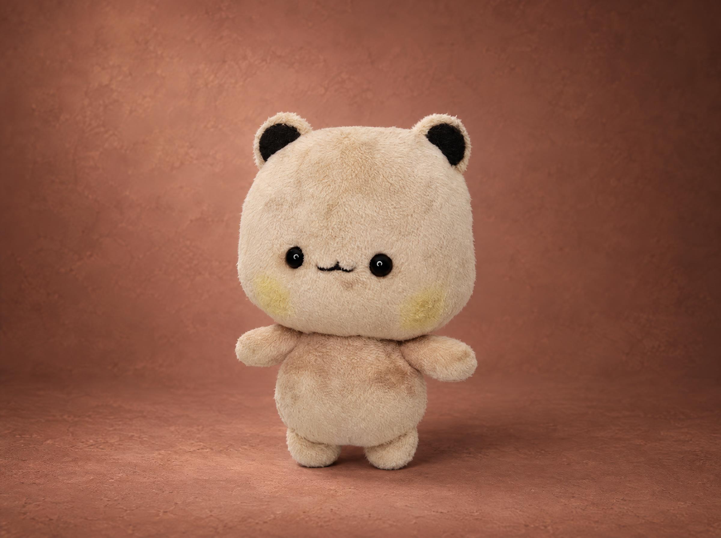 Kawaii bear plush, the character under the hoodie The beige kawaii bear plush without its costume: black ears, dot eyes and yellow cheeks, sewn to order from a sticker