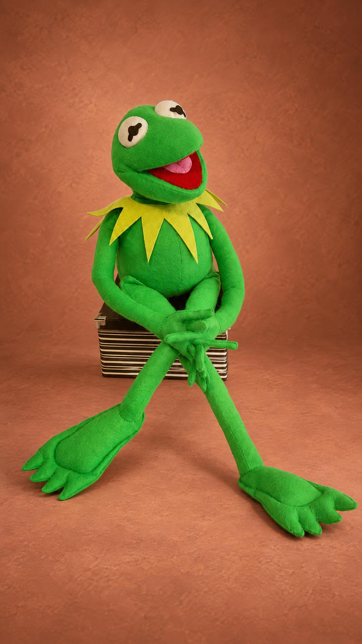 Kermit the Frog plush handmade to order, green felt, pointed yellow-green collar, long legs on a striped box
