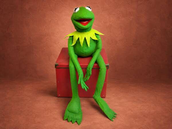 Kermit the Frog plush made to order, sitting on a red box, long green felt legs hanging down, custom Muppet toy