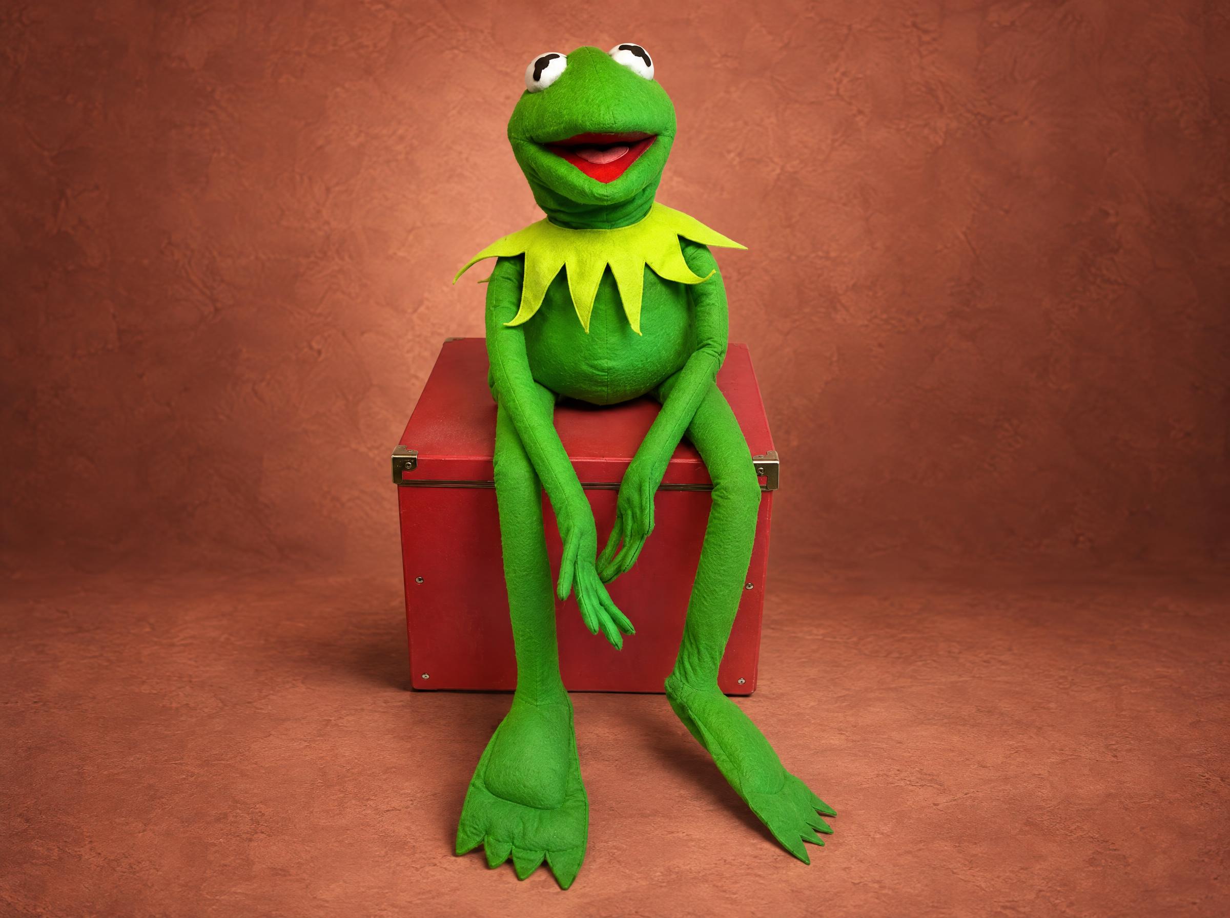 Kermit the Frog Plush on a Red Box, Made to Order Kermit the Frog plush made to order, sitting on a red box, long green felt legs hanging down, custom Muppet toy