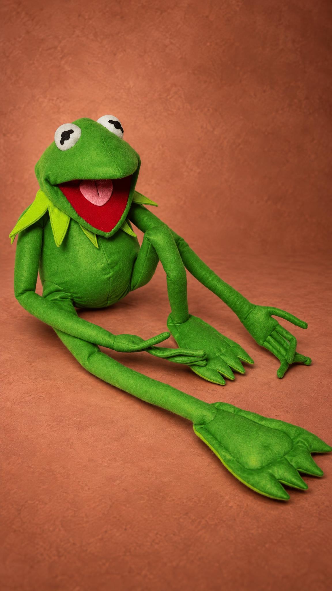 Handmade Kermit the Frog plush lying back, red open mouth, long felt arms and flipper feet, sewn to order