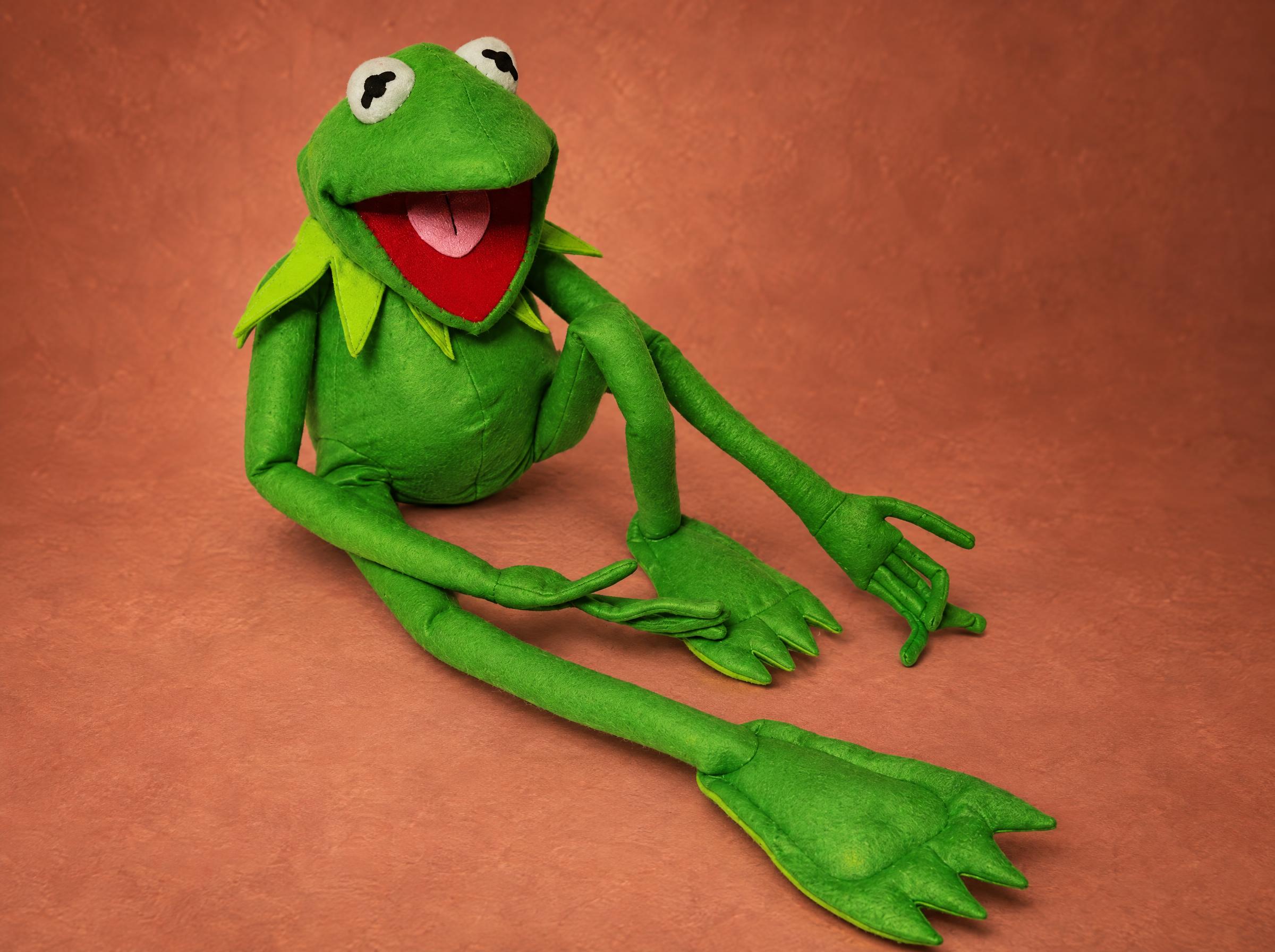 Kermit the Frog Plush with Open Mouth, Handmade Handmade Kermit the Frog plush lying back, red open mouth, long felt arms and flipper feet, sewn to order