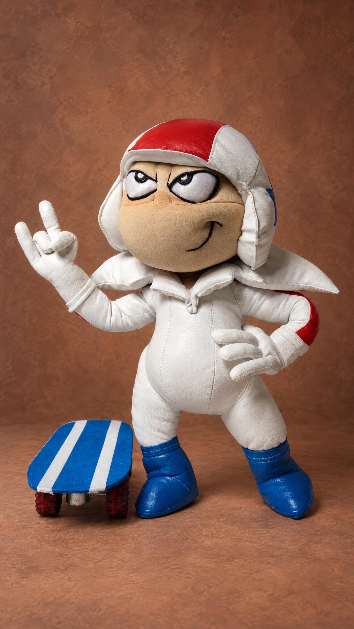 Kick Buttowski stuffed toy, custom made: red-top helmet, rock sign, hand on hip, striped skateboard at his feet