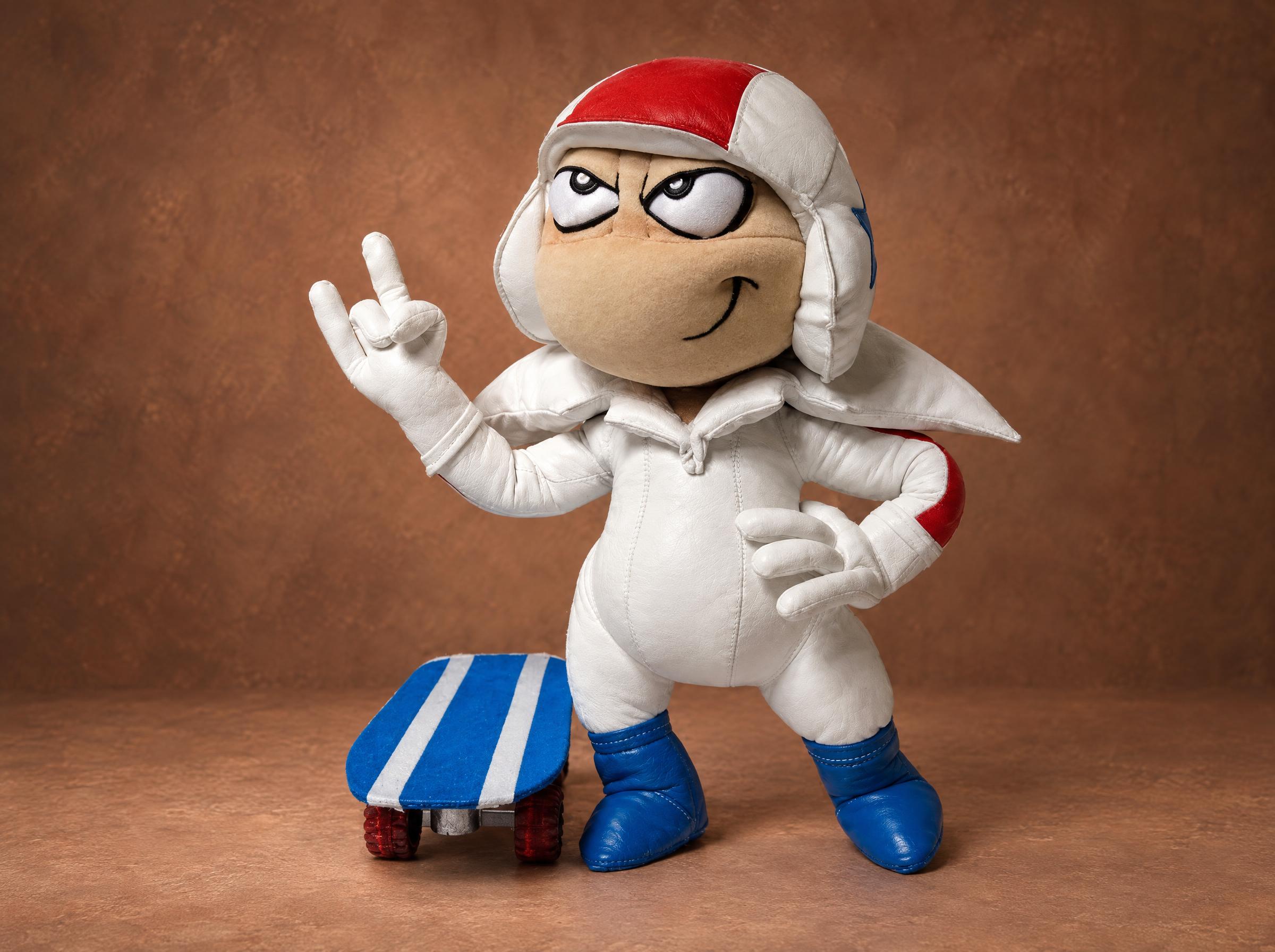 Kick Buttowski Stuffed Toy, Suburban Daredevil Fan Piece Kick Buttowski stuffed toy, custom made: red-top helmet, rock sign, hand on hip, striped skateboard at his feet