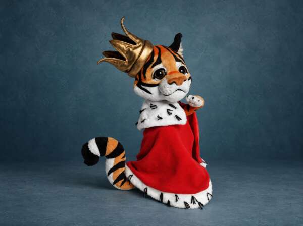 King tiger cub plush with a gold crown and red robe with ermine trim, handmade from a sticker design to order