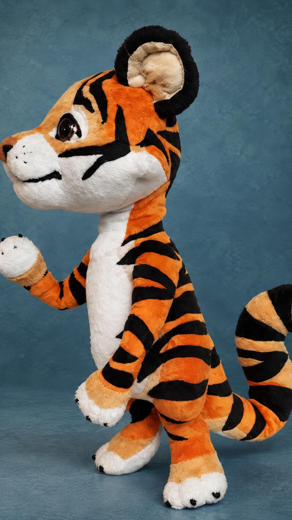 Tiger cub plush without its robe: orange striped fur, white chest and big eyes, handmade from a sticker to order
