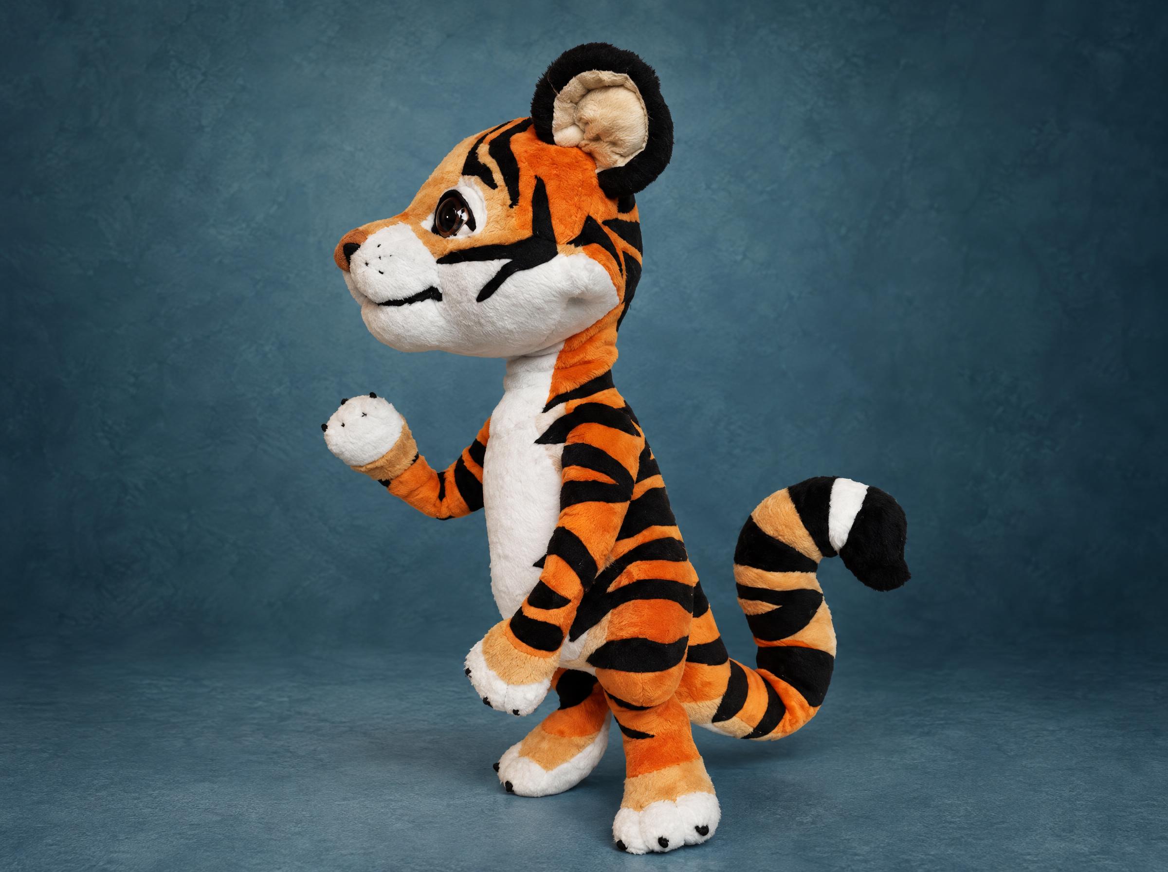 Tiger cub plush, handmade Tiger cub plush without its robe: orange striped fur, white chest and big eyes, handmade from a sticker to order
