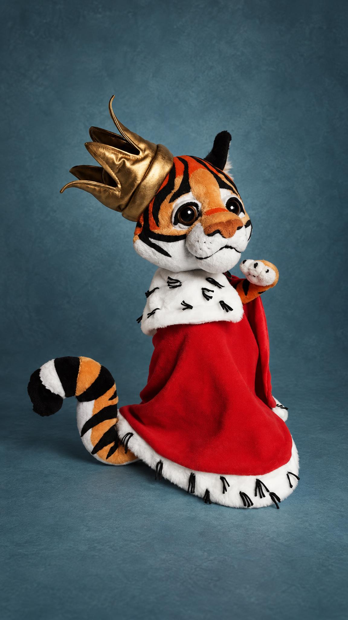Custom sticker plush: striped tiger cub king in a red velvet robe and gold crown, sewn to order