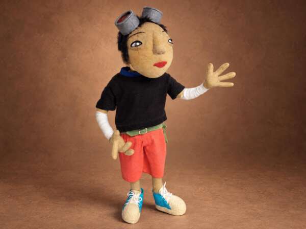 Custom Kuro doll from Tekkonkinkreet, handmade to order with goggles, a black T-shirt and red shorts