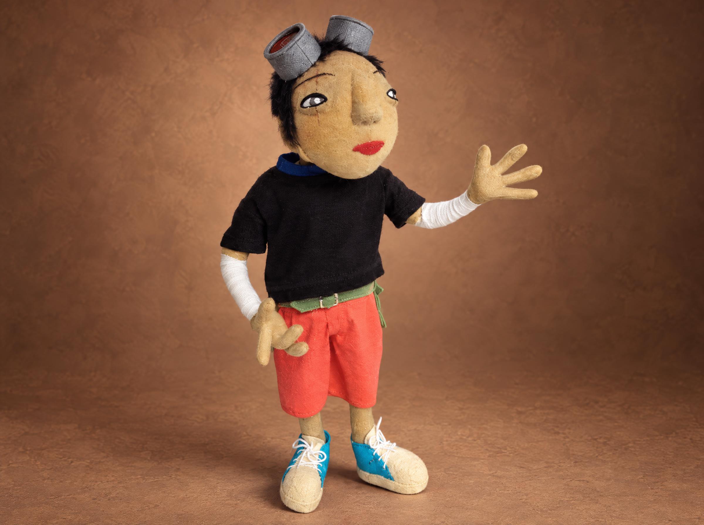 Custom Kuro doll from Tekkonkinkreet, handmade to order with goggles, a black T-shirt and red shorts