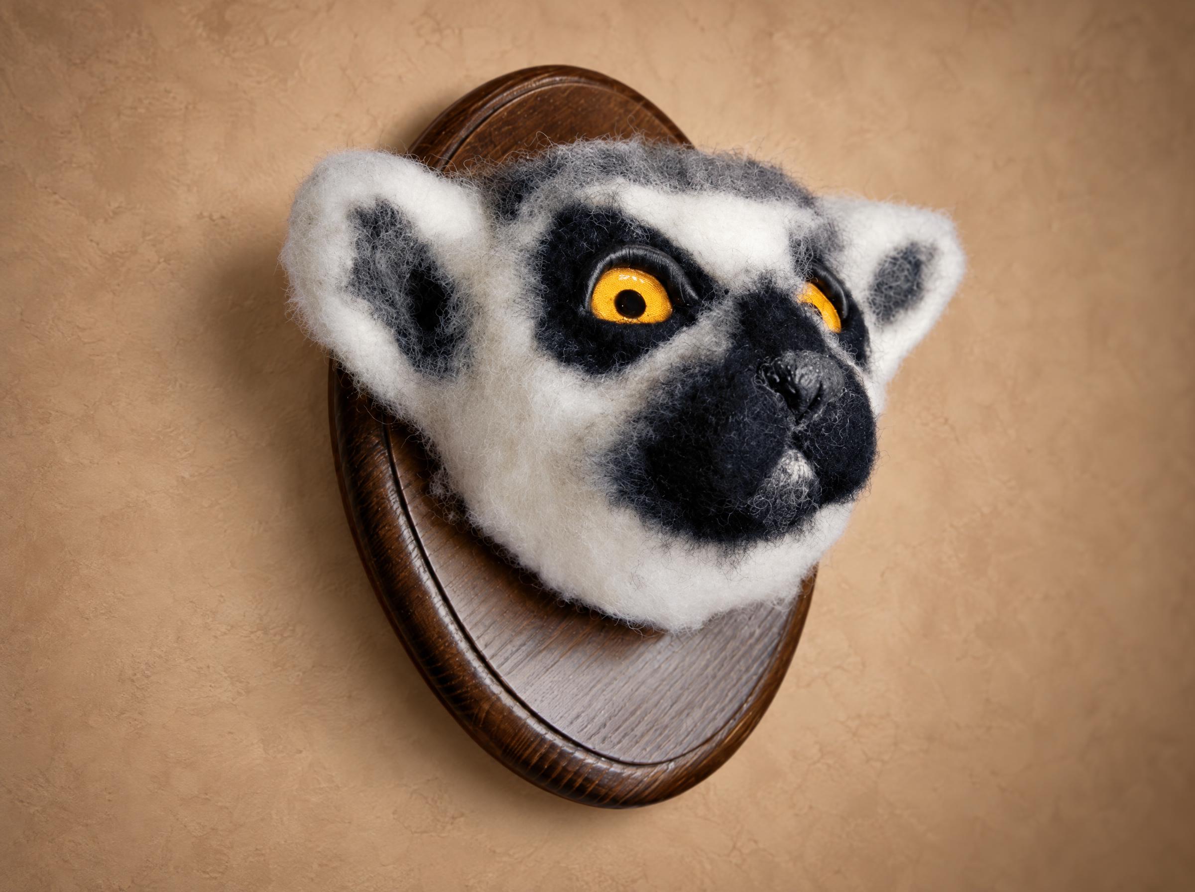 Custom ring-tailed lemur head plush wall mount, needle-felted to order with amber eyes, on a wooden plaque