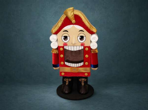 Life size Nutcracker plush made to order: 1.2 m soft figure in red velvet with gold buttons and a toothy grin