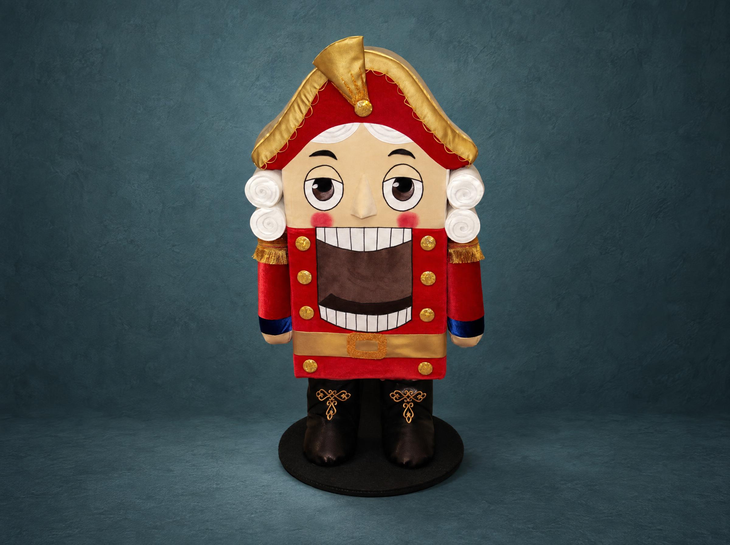 Life size Nutcracker plush made to order: 1.2 m soft figure in red velvet with gold buttons and a toothy grin