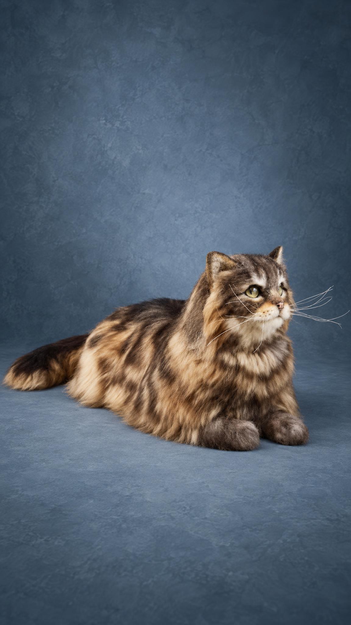 Lifelike long-haired tabby cat stuffed animal with amber eyes and long whiskers, handmade to order