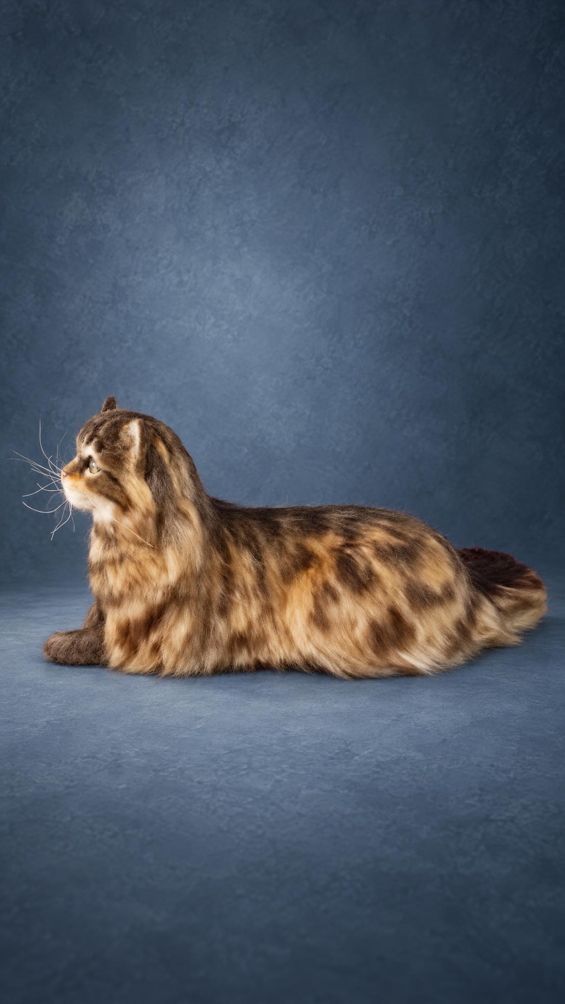 Lifelike tabby cat plush in profile with long white whiskers, handmade to order