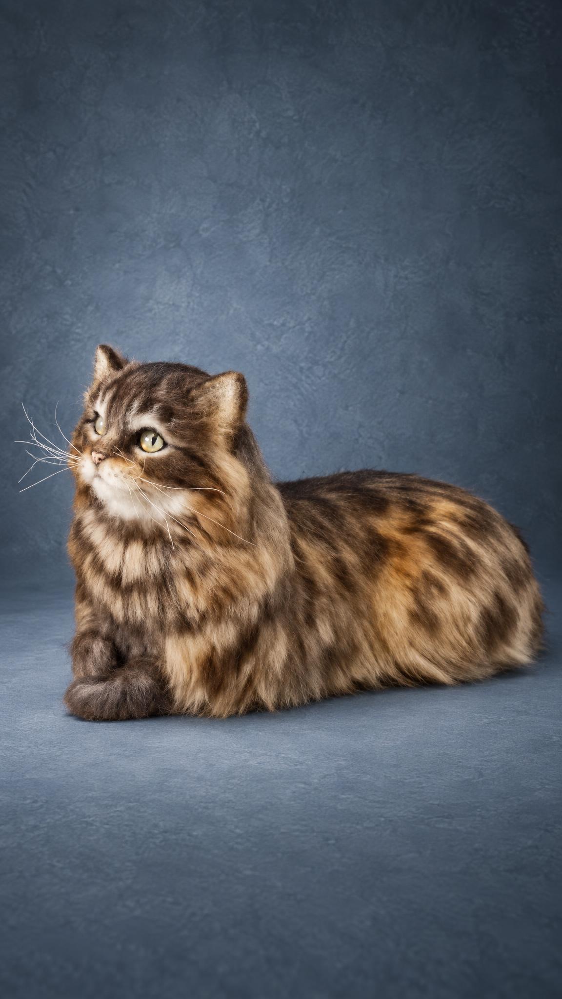 Realistic tabby cat plush with a striped coat and thick tail, lying down, handmade to order