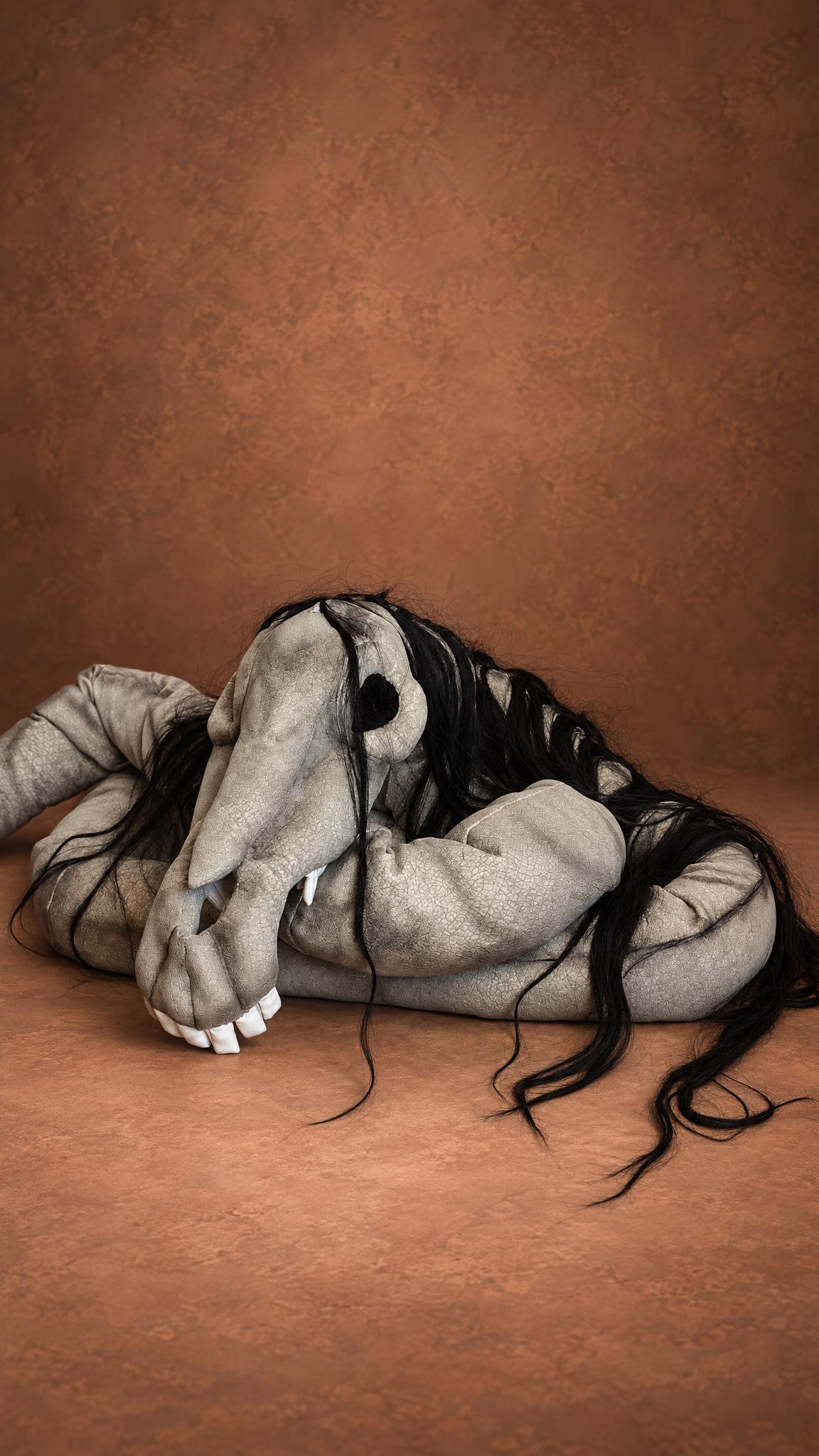 Long Horse plush toy, made to order: skull with dark shading and teeth, coiled grey neck, black hair spread out