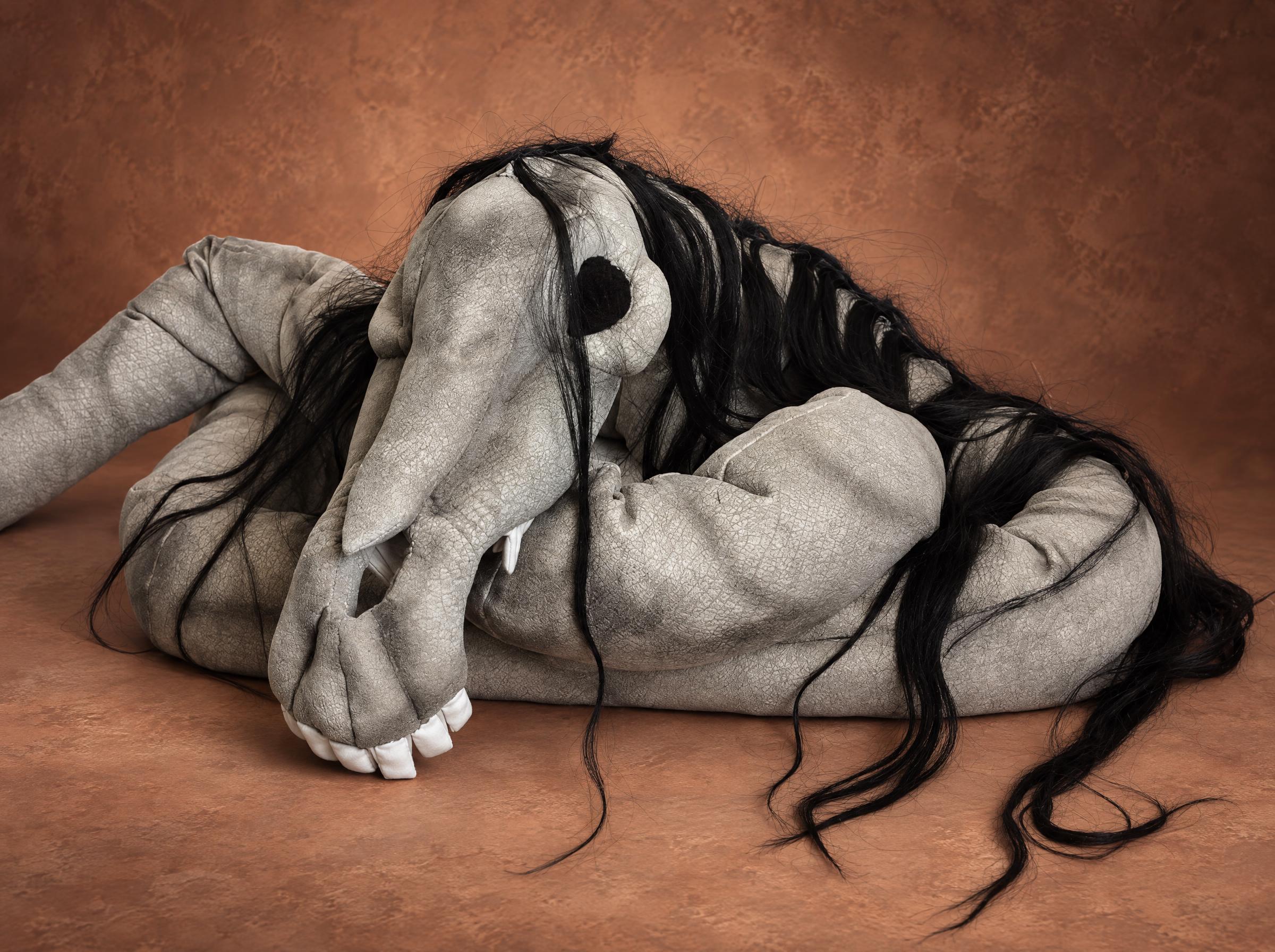 Long Horse Plush Toy, a Spooky Creature Made to Order Long Horse plush toy, made to order: skull with dark shading and teeth, coiled grey neck, black hair spread out
