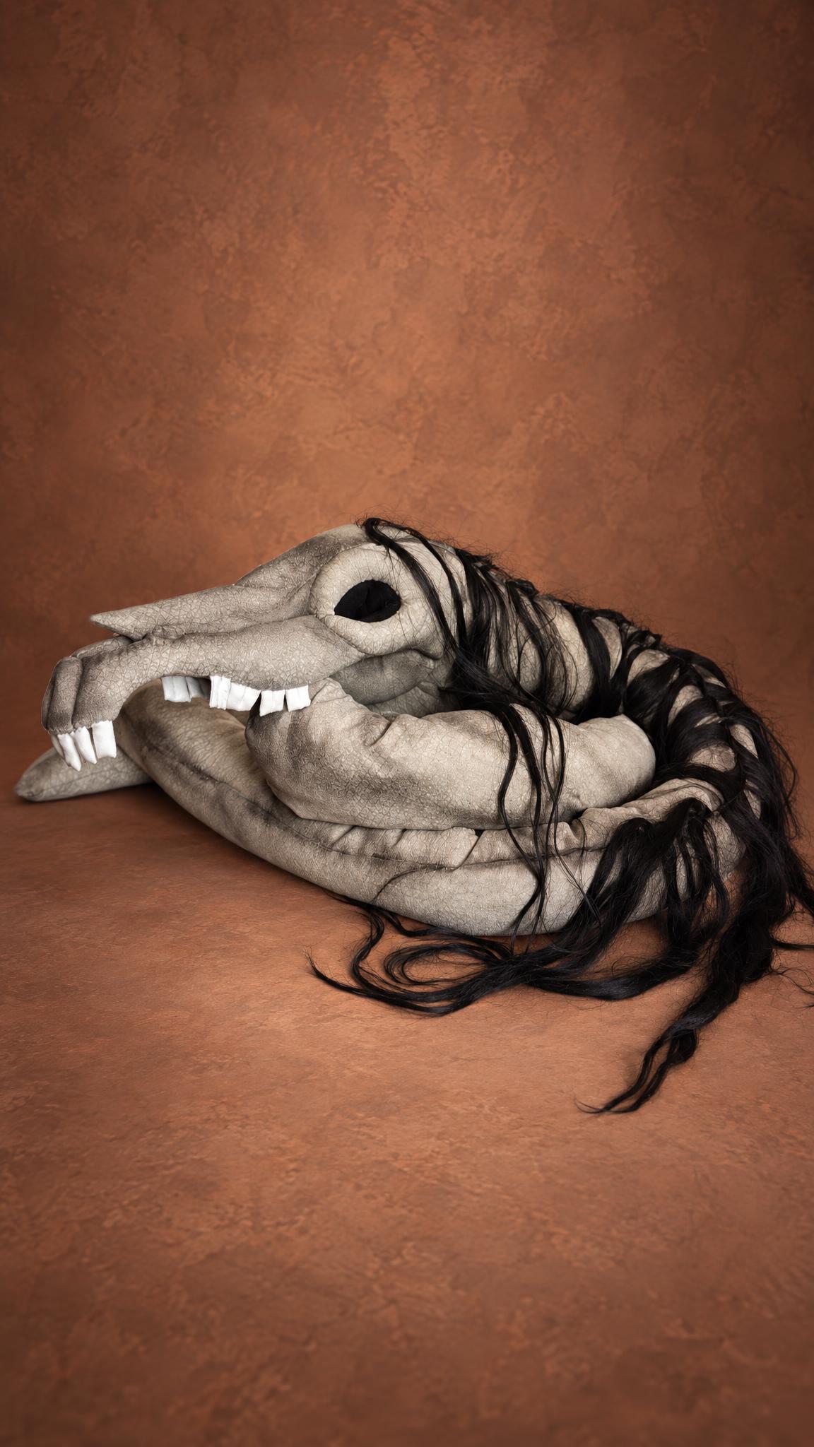 Long Horse plush sewn to order: jawless skull with white teeth, coiled grey neck and long black hair