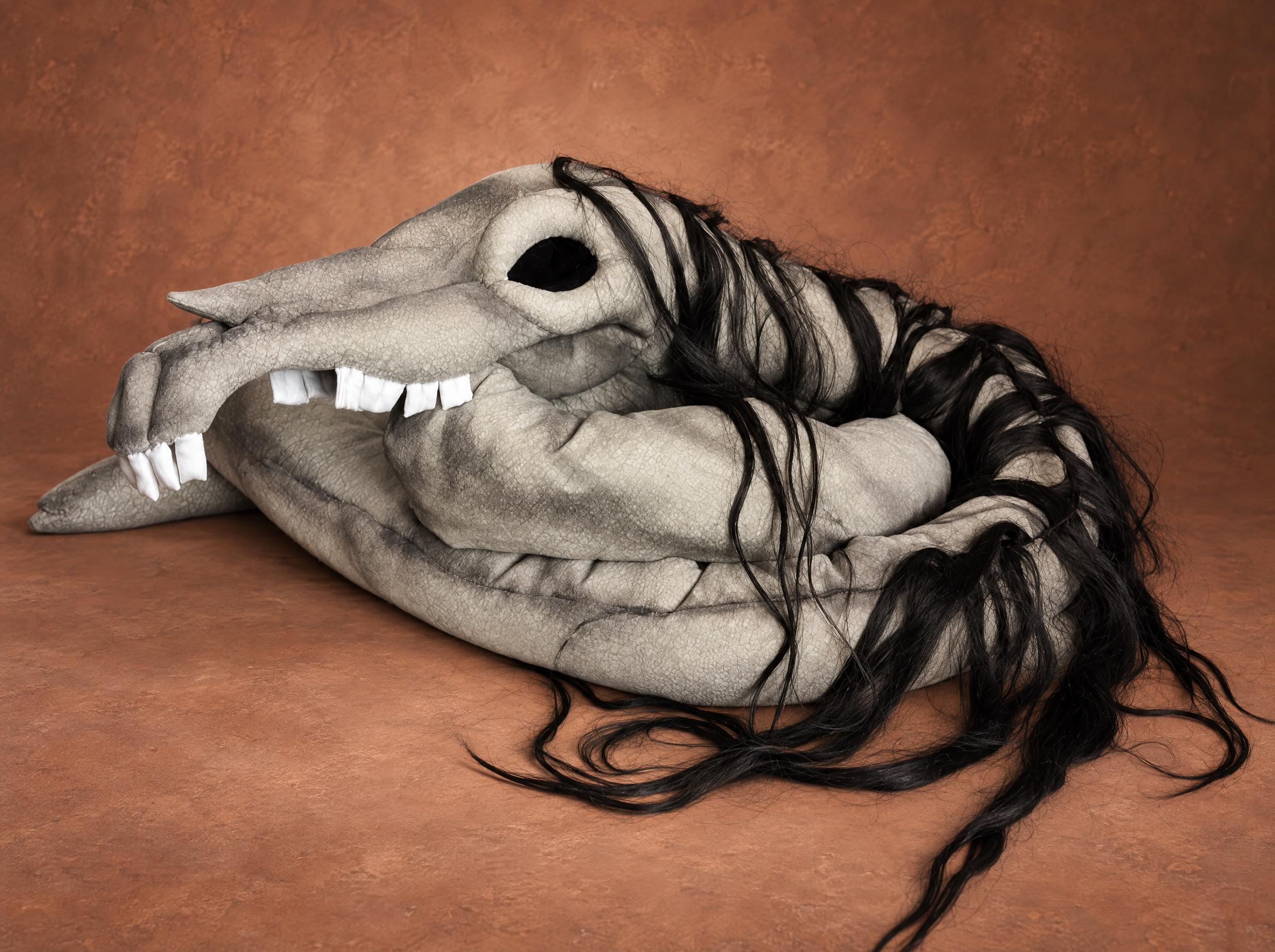 Long Horse plush sewn to order: jawless skull with white teeth, coiled grey neck and long black hair