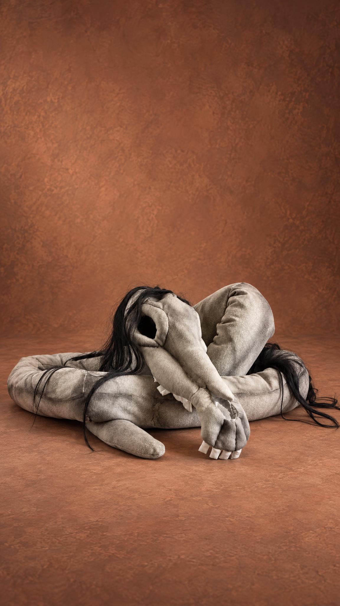 Long Horse plushie handmade to order: skull resting on its folded grey neck, white teeth, loose black hair