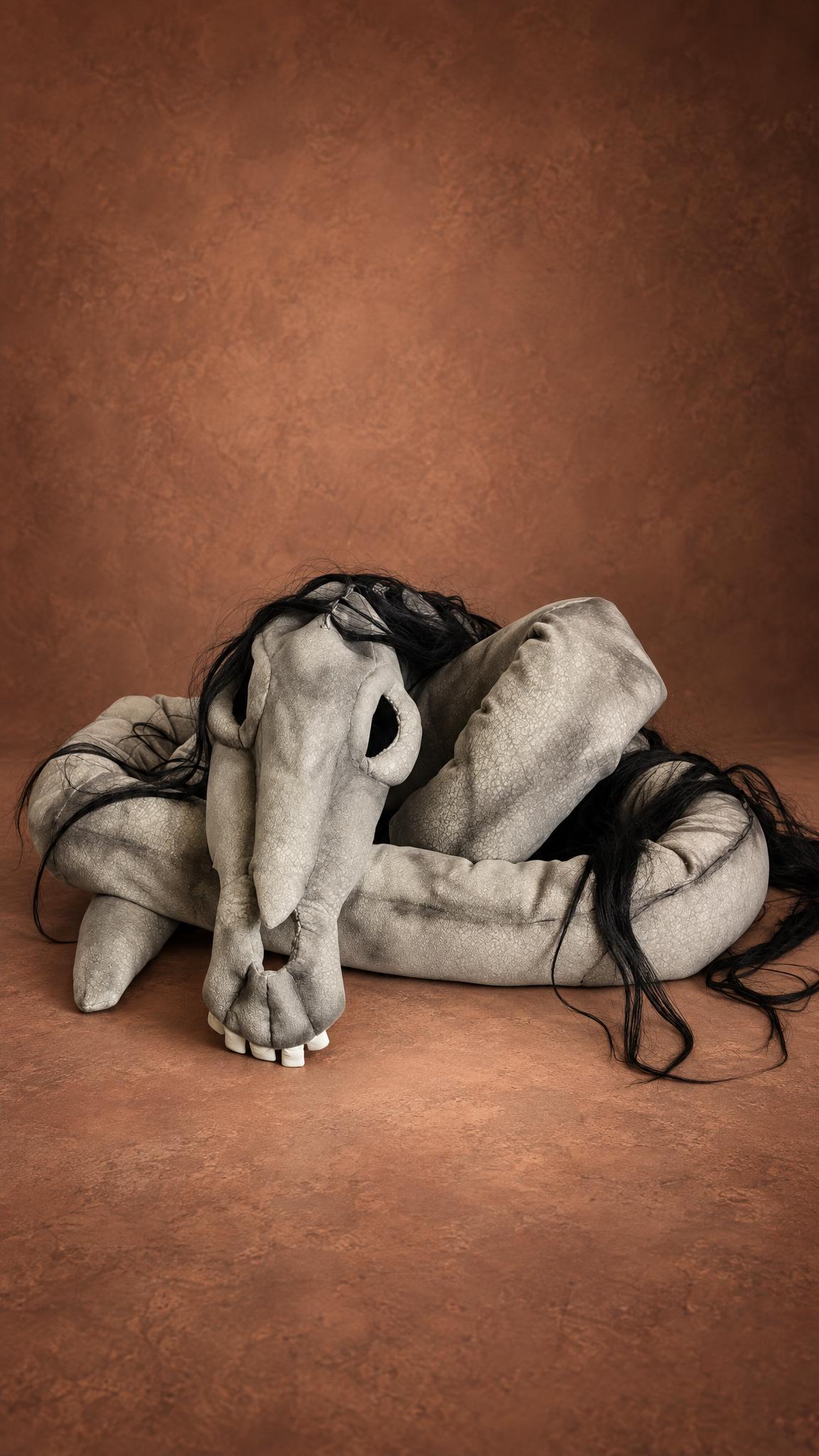 Long Horse stuffed animal, custom made: skull face-on with white teeth, grey neck looped around it, black hair