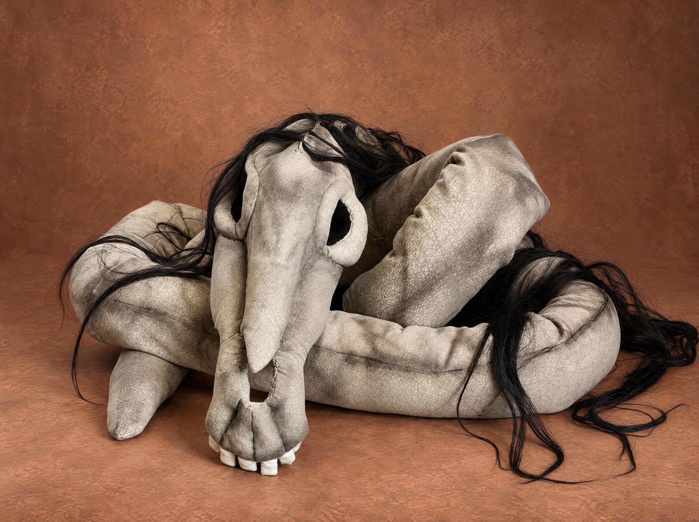 Long Horse Stuffed Animal, Trevor Henderson Fan Piece Long Horse stuffed animal, custom made: skull face-on with white teeth, grey neck looped around it, black hair