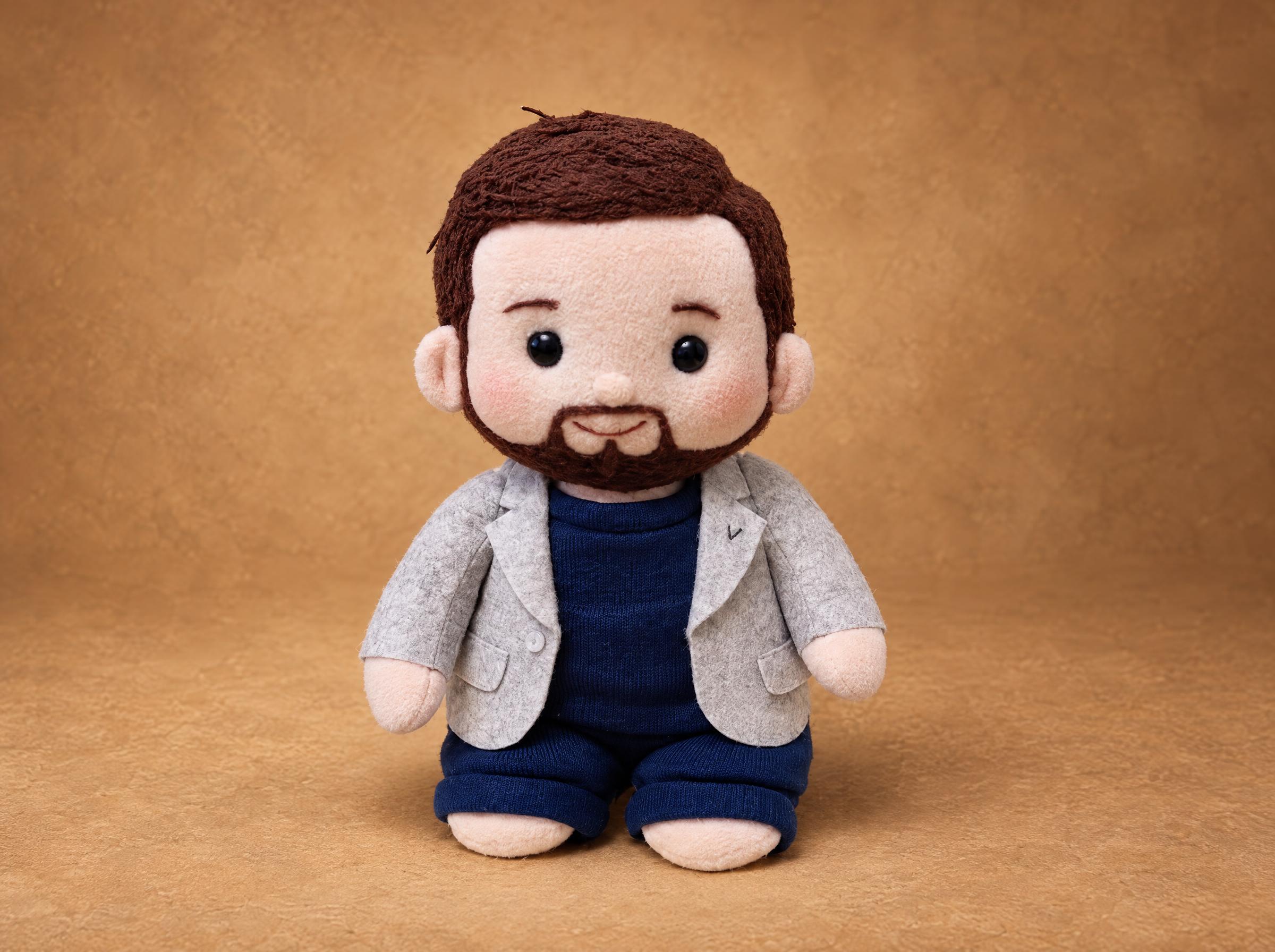 Look-alike doll of a bearded man in a grey blazer and navy cuffed trousers, handmade to order from photos
