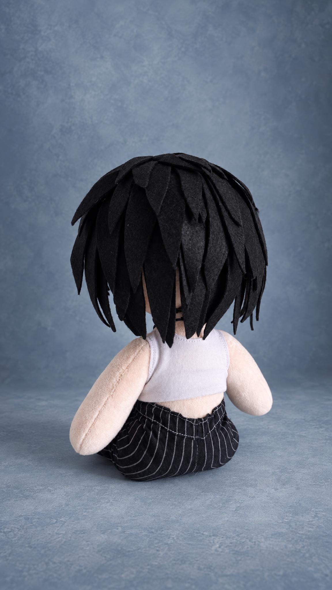Look-alike doll with a sleek black felt wig and white top, one of four wigs on this custom portrait doll