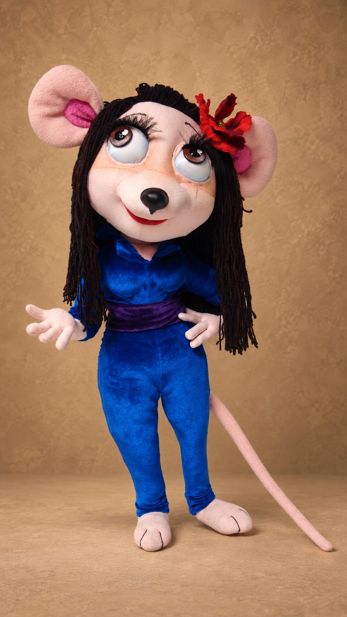 Cartoon doll with her face, handmade to order: Gadget-style mouse in blue velvet with long dark yarn hair